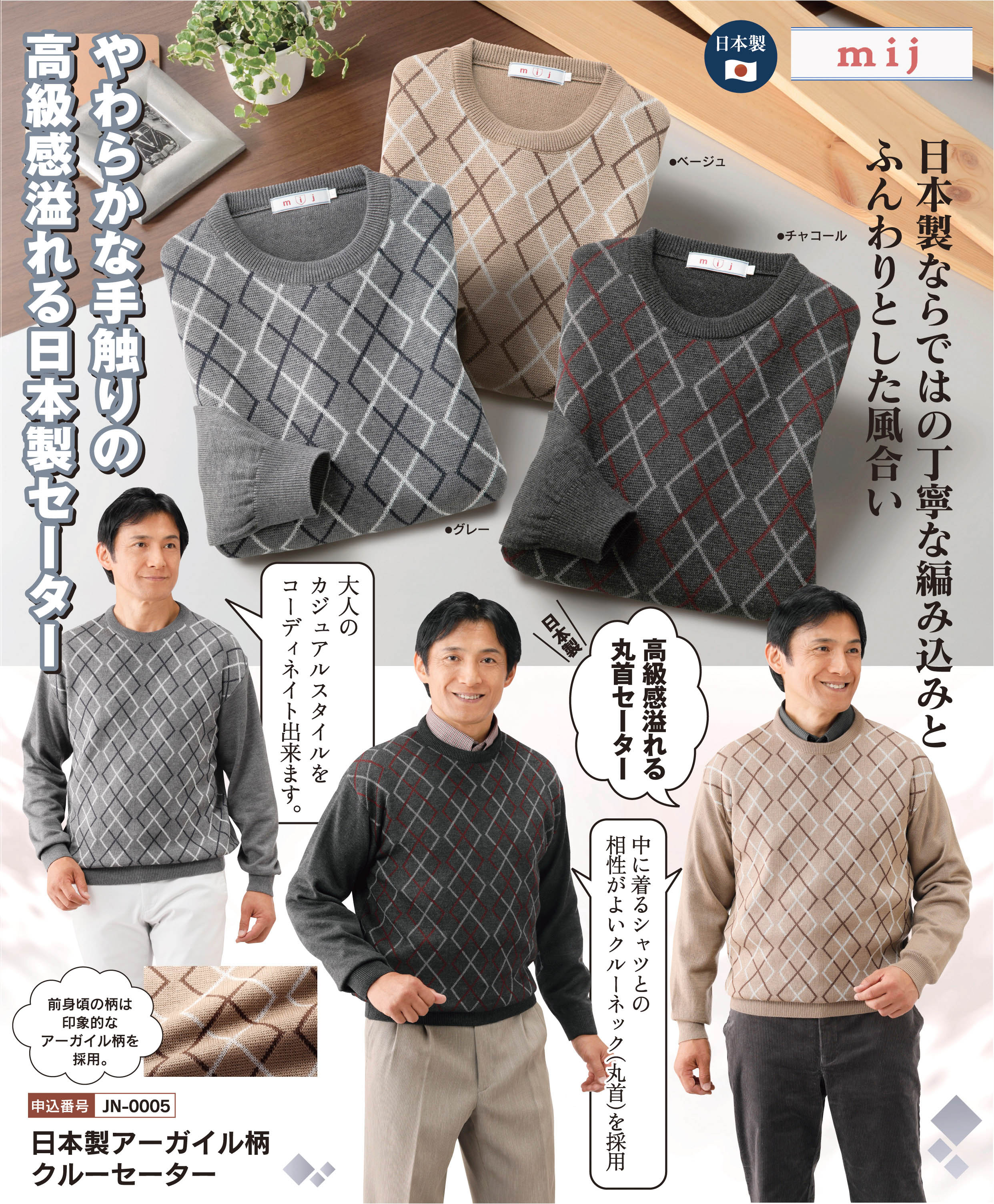 日本製アーガイル柄クルーセーターの詳細